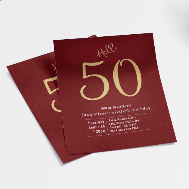 Hello 50 Red Gold Budget 50th Birthday Invitation Flyer (Creator Uploaded)
