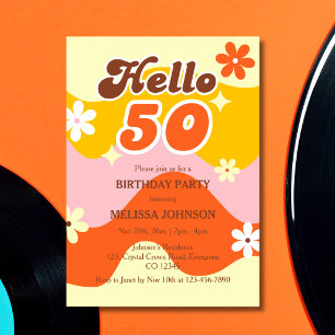 Hello 50 Retro Wave Groovy Flower Birthday  Invitation