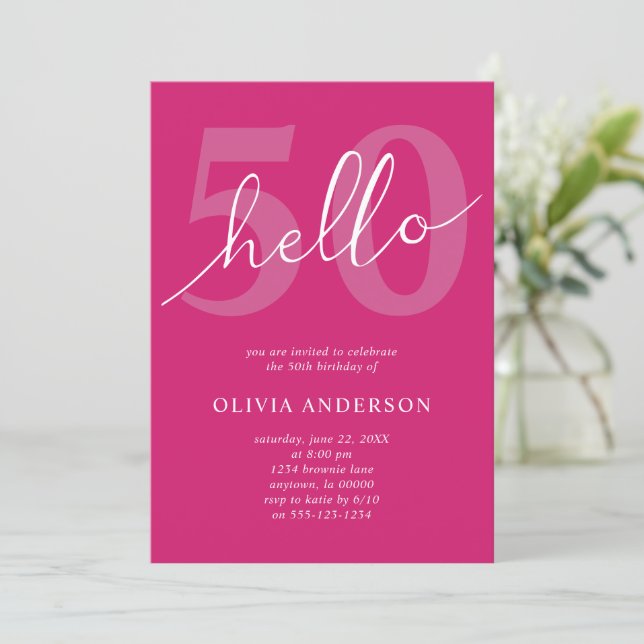 Hello 50 | Vibrant Hot Pink 50th Birthday Party Invitation (Standing Front)