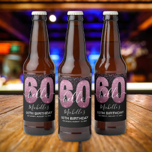 Hello 60! - 60th Birthday Woman with Pink Glitter Beer Bottle Label
