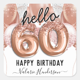 Hello 60 Pink Glitter Birthday Balloons Square Sticker