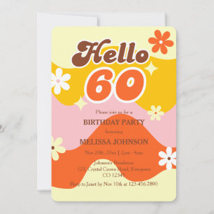 Hello 60 Retro Wave Groovy Flower Birthday Invitation