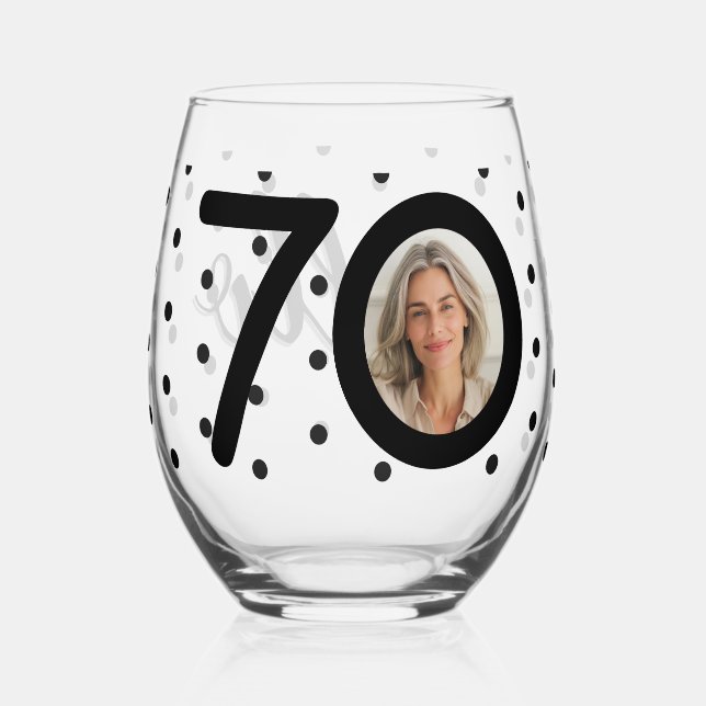 Hello 70 Black & White Dots Custom Photo Birthday Stemless Wine Glass (Back)