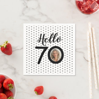 Hello 70 Black & White Dots Photo Birthday Napkin