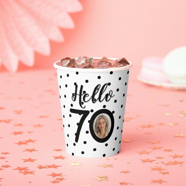 Hello 70 Black & White Dots Photo Birthday Paper Cups (Insitu)
