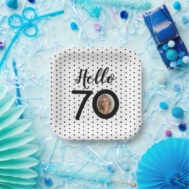 Hello 70 Black & White Dots Photo Birthday Paper Plate (Party)