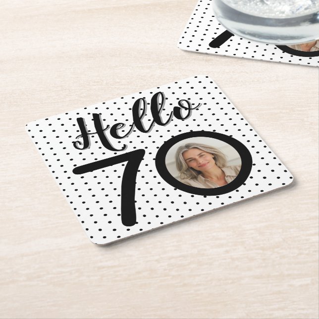 Hello 70 Black & White Dots Photo Birthday Square Paper Coaster (Angled)