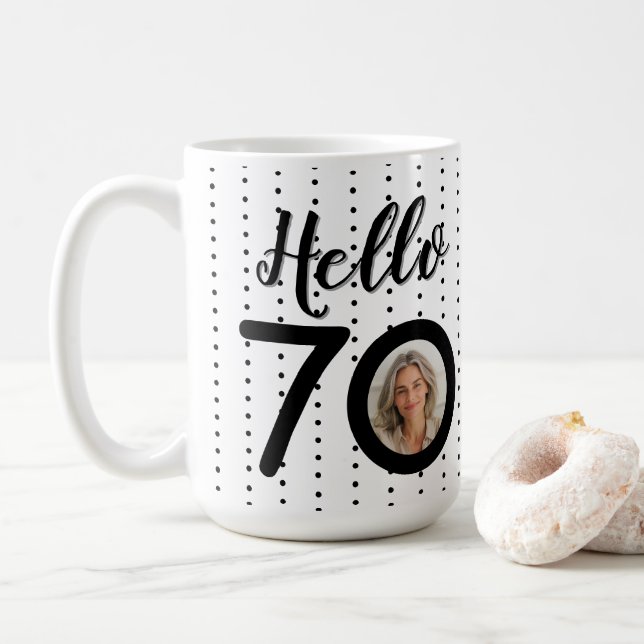 Hello 70 Black & White Dots Photo & Name Birthday Coffee Mug (With Donut)