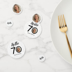 Hello 70 Black & White Dots Photo & Name Birthday Confetti