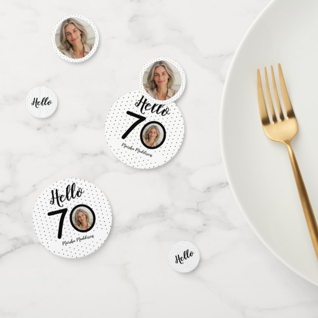 Hello 70 Black & White Dots Photo & Name Birthday Confetti (Group)