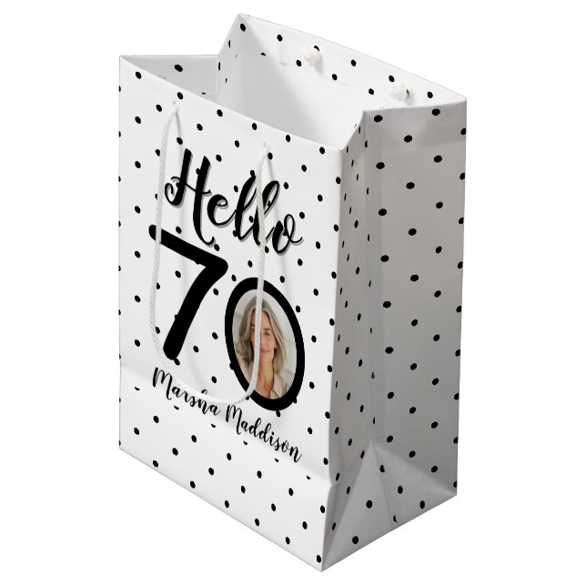 Hello 70 Black & White Dots Photo & Name Birthday Medium Gift Bag (Front Angled)