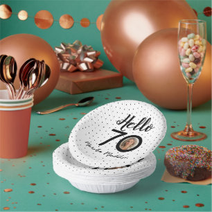 Hello 70 Black & White Dots Photo & Name Birthday Paper Plate