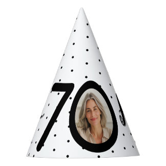 Hello 70 Black & White Dots Photo & Name Birthday Party Hat