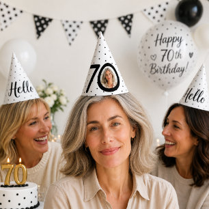 Hello 70 Black & White Dots Photo & Name Birthday Party Hat