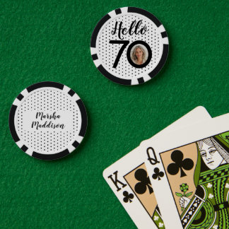 Hello 70 Black & White Dots Photo & Name Birthday Poker Chips