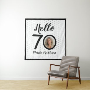 Hello 70 Black & White Dots Photo & Name Birthday Tapestry