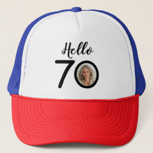 Hello 70 Black & White Dots Photo & Name Birthday Trucker Hat