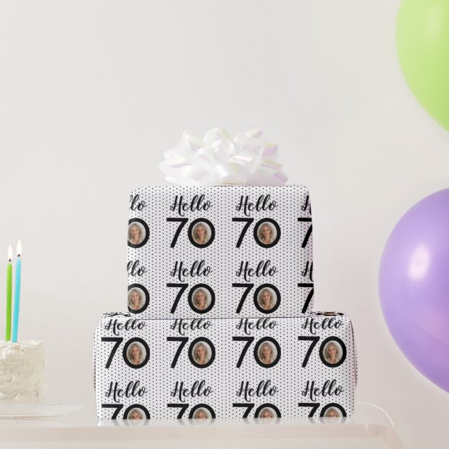 Hello 70 Black & White Dots Photo & Name Birthday Wrapping Paper (Party Gifts)