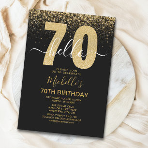 Hello 70! modern 70th birthday with gold glitter invitation