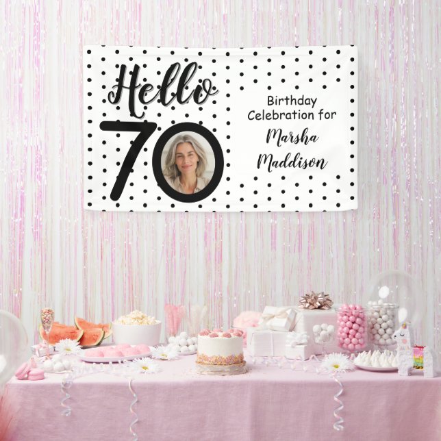Hello 70 Photo Black & White Dots Birthday Banner (Party)