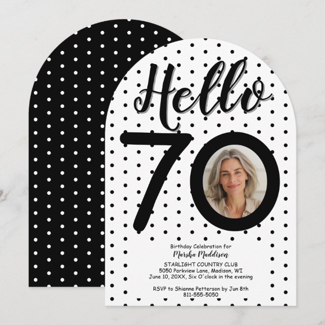Hello 70 Photo Black & White Dots Birthday Invitation (Front/Back)