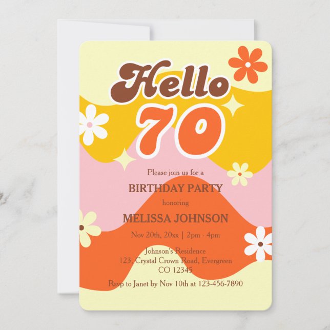 Hello 70 Retro Wave Groovy Flower Birthday  Invitation (Front)