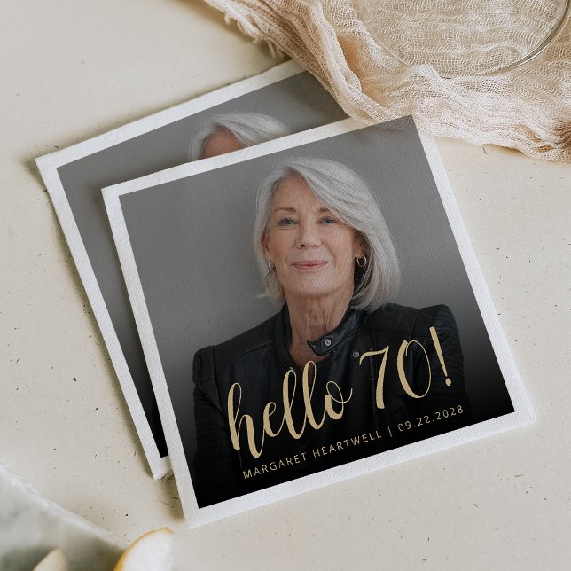 Hello 70 Seventieth Birthday Party Photo Napkin (Creator Uploaded)