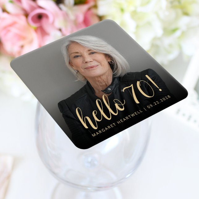 Hello 70 Seventieth Birthday Party Photo Square Paper Coaster (Creator Uploaded)