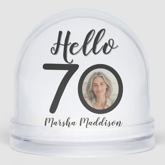 Hello 70 Your Name & Photos Birthday Snowglobe (Front)