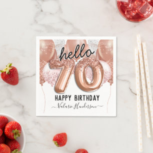 Hello 70th Birthday Pink Glitter Balloons Napkin