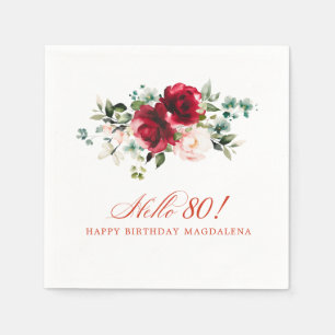 Hello 80 Birthday Party Red Pink Floral Napkin