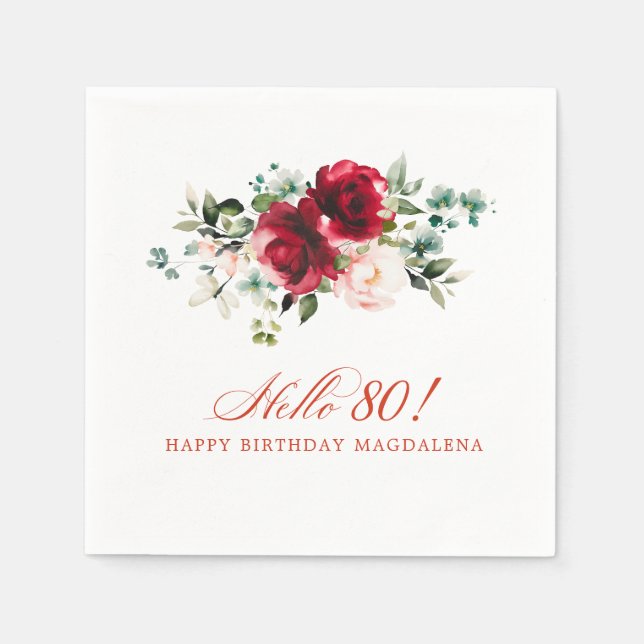Hello 80 Birthday Party Red Pink Floral Napkin (Front)