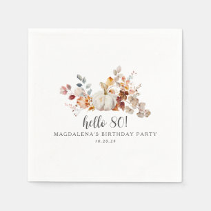Hello 80 Fall Pumpkin Leaves Custom Birthday Napkin