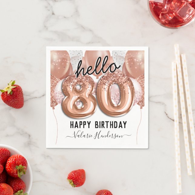 Hello 80 Pink Glitter Birthday Balloons Napkins (Insitu)