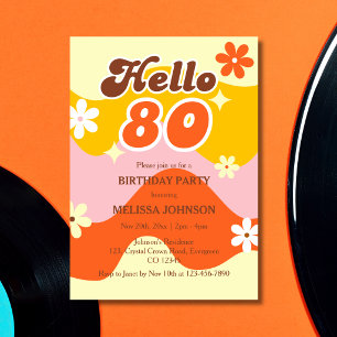 Hello 80 Retro Wave Groovy Flower Birthday  Invitation