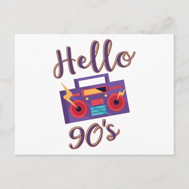Hello 90s radio cassette recorder postcard (Front)