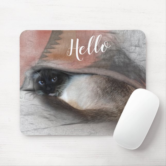 Hello Adorable Peeking Blue Eyed Siamese Kitten Mouse Mat (With Mouse)