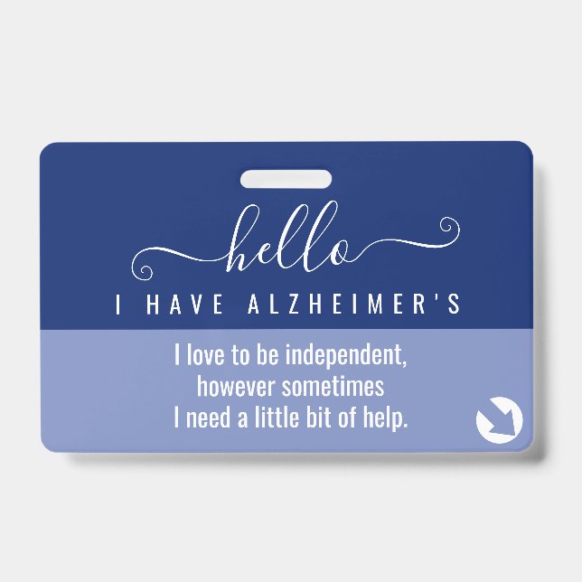 hello alzheimers awareness and emergency contact  ID badge (Front)