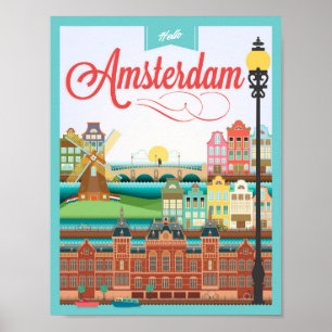 Hello Amsterdam Holland Travel Poster