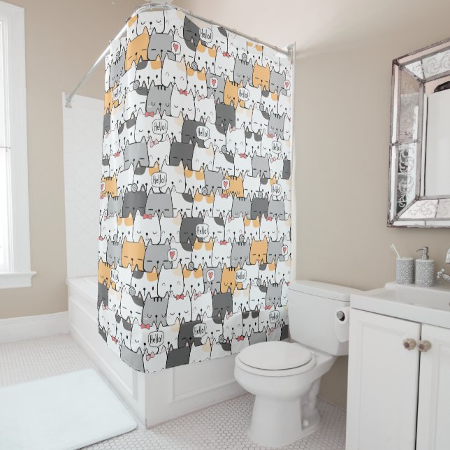 HELLO AND LOVELY CATS Bathroom Curtain (In Situ)