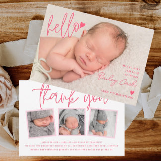 Hello and Thank You Pink Birth Announcement