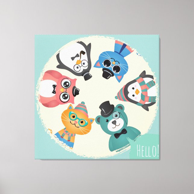 Hello! Animal Friends Circle Canvas Print (Front)