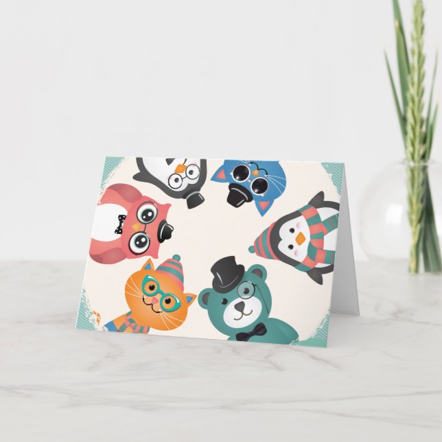 Hello! Animal Friends Circle Greeting Card (Front)