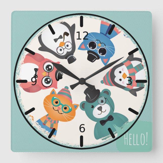 Hello! Animal Friends Circle Square Wall Clock (Front)