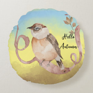 Hello Autumn Bird Round Cushion