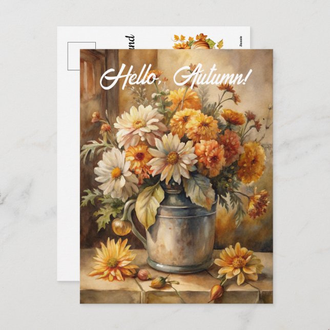Hello, Autumn - Bucket with Flowers  Holiday Postcard (Front/Back)
