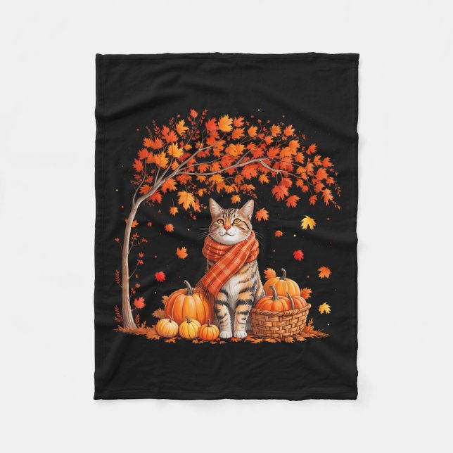 Hello Autumn Cat Fall Leaf Kitten Lover Thanksgivi Fleece Blanket (Front)
