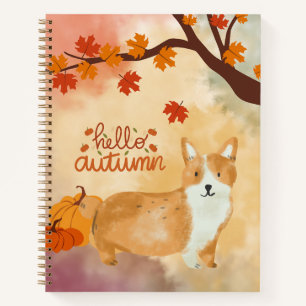 Hello Autumn Corgi Pumpkins Fall Tree Watercolor Notebook