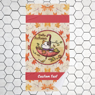 Hello Autumn, Cute Cat Sits in Umbrella  Bath Towel Set