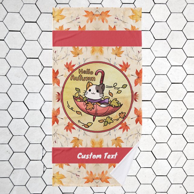 Hello Autumn, Cute Cat Sits in Umbrella  Bath Towel Set (Creator Uploaded)